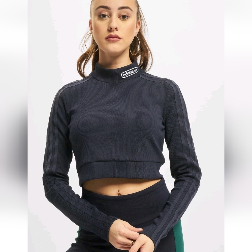 NWT ADIDAS 3-Stripes Cropped Top Retro Luxury Mock Neck Navy Ink Stripes SZ XL
